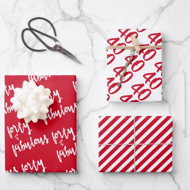 40 & Fabulous - Fun Red 40. Geburtstag Geschenkpapier Set (Vorderseite)