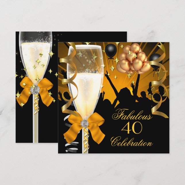 40 & Fabulous Gold Black Birthday Champagne Einladung (Vorne/Hinten)