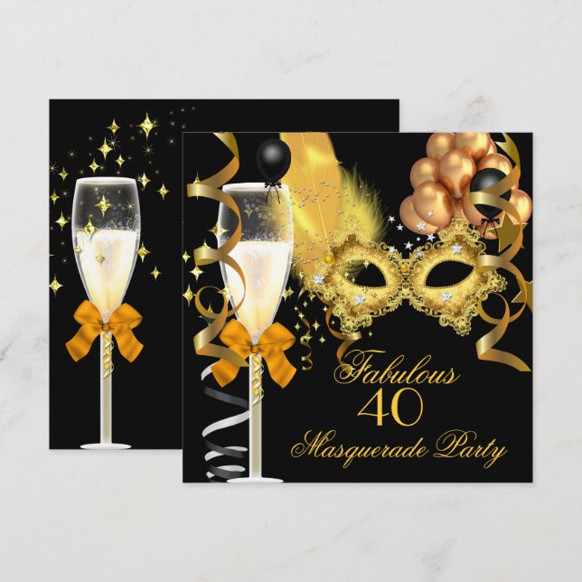 40 & Fabulous Gold Black Masquerade Party Einladung (Vorne/Hinten)