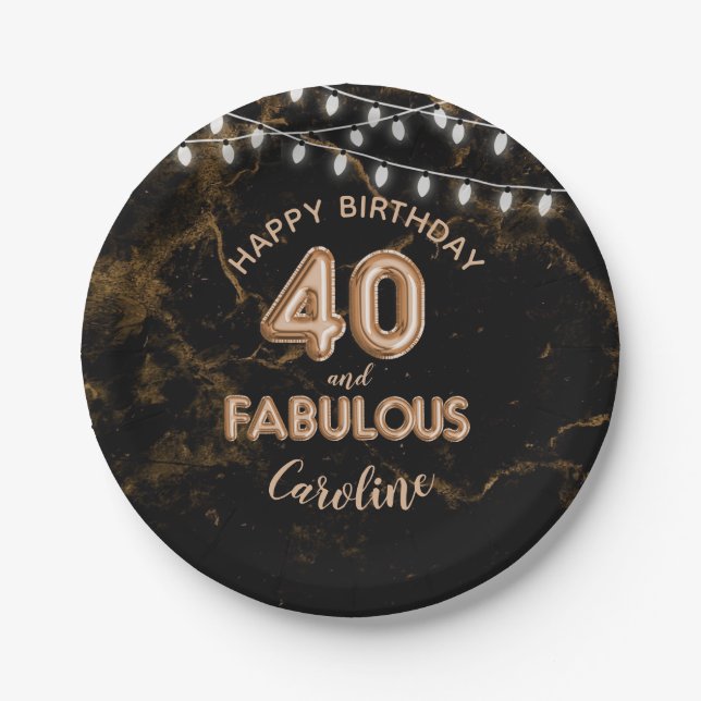 40 & Fabulous Gold Foil Balloons & String Lights Pappteller (Vorderseite)