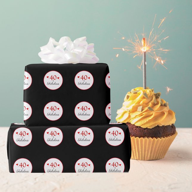 40 & Fabulous Hearts 40. Geburtstag Foto Black Geschenkpapier (40 & Fabulous Hearts 40th Birthday Photo Black Wrapping Paper)