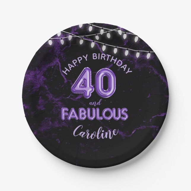 40 & Fabulous Lila Foil Balloons & String Lights Pappteller (Vorderseite)