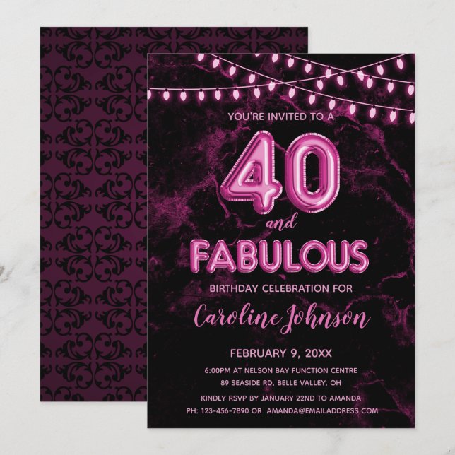 40 & Fabulous Pink Ballon Birthday Einladungen (Vorne/Hinten)
