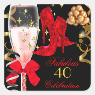 40 & Fabulous Red Black Gold Birthday Shoes Quadratischer Aufkleber