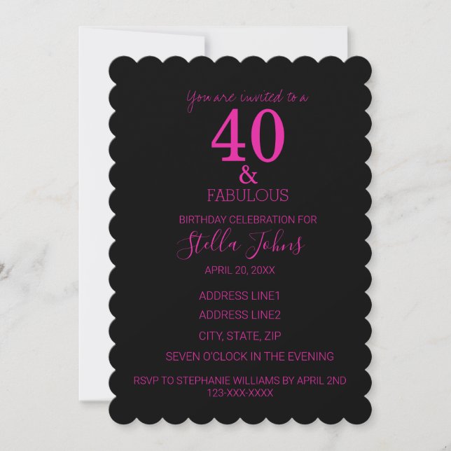 40 FabulousHot Pink Black Scallopped Birthday Einladung (Vorderseite)