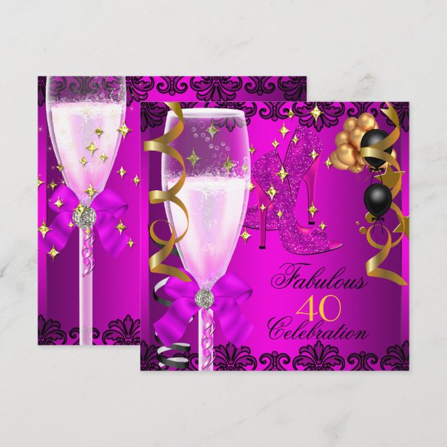 40 Fantastisches Pink Black Gold 40. Champagner Pa Einladung (Vorne/Hinten)