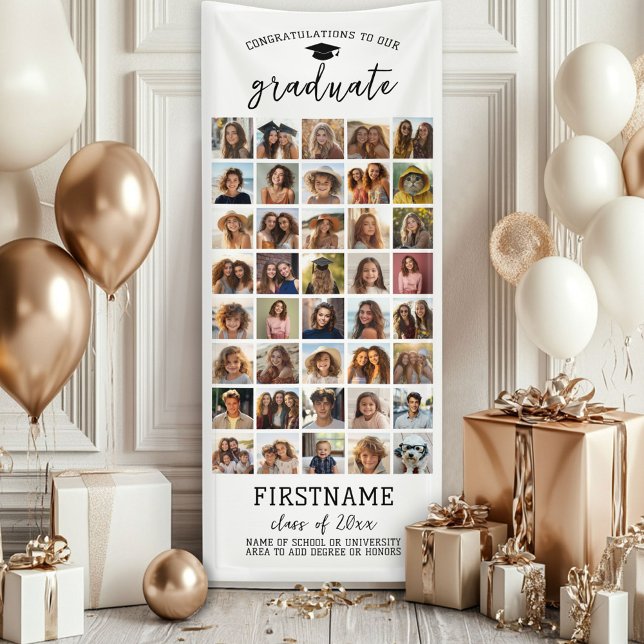 40 Foto Collage Abschluss Moderner Minimal Weiß Banner (Custom Graduation Banner - Great for a backdrop or Grad Party Decoration)