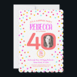 40. Foto farbenfrohe Korallenkonfetti Geburtstag Einladung<br><div class="desc">Helle bunt Konfetti zufällige Punkte Geburtstag 40. Überraschung Party Einladungen. In hellen lebendigen Korallen, heißen rosa, goldgelb und aqua blau grün. Fügen Sie Ihr eigenes Geburtstagsmädchen's Foto in der Mitte der 0 in 40 und anpassen Sie mit Ihrem eigenen vierzigsten Geburtstag Datum, Zeit und Party Details. Andere passende Artikel und...</div>