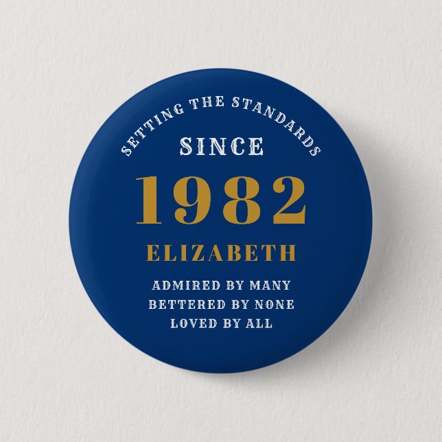 40. Geburtstag 1982 Elegant Gold Blue Chic Button (Vorderseite)