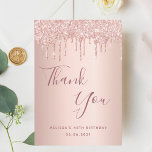 40. Geburtstag 40 Rose Gold Glitzer Tropfen glamou Dankeskarte<br><div class="desc">Eine Dankeschön-Karte für einen 40. Geburtstag. Eine Rose Gold Imitate metallisch aussehende Hintergrundfarbe. Mit Imitaten Glitzer Tropfen,  malen Sie Tropfen aussehen. vorne große dunkle Rose goldfarbene handgeschriebene Schrift und der Text: Danke,  Ihr Text,  Titel und ein Datum. Zurück: Vorlage für Ihren Dank Notiz und Name.</div>