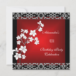 40. Geburtstag Asiatisch Red Black Floral Silver W Einladung