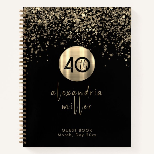 40. Geburtstag Black Gold Glitzer Gästebuch Notizbuch (Vorderseite)