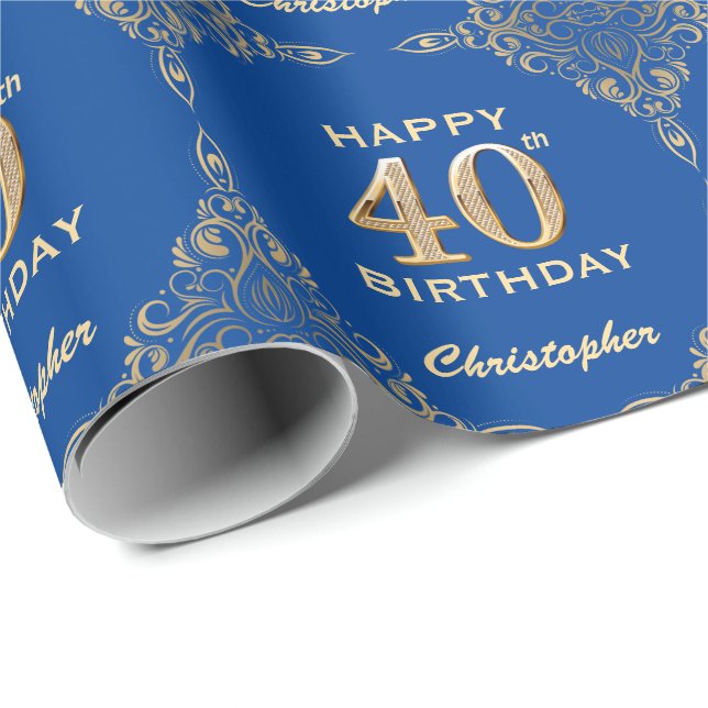 40. Geburtstag Blue and Gold Glitzer Frame Geschenkpapier (Rolleneckpunkt)