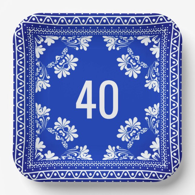 40. Geburtstag Blue Bandana Pappteller (Vorderseite)