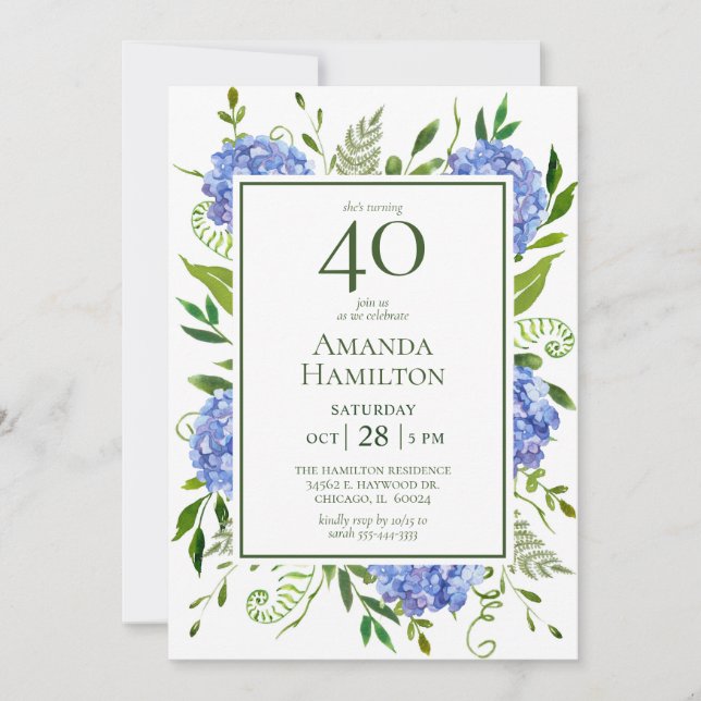 40. Geburtstag Blue Hydrangeas Einladung (Vorderseite)