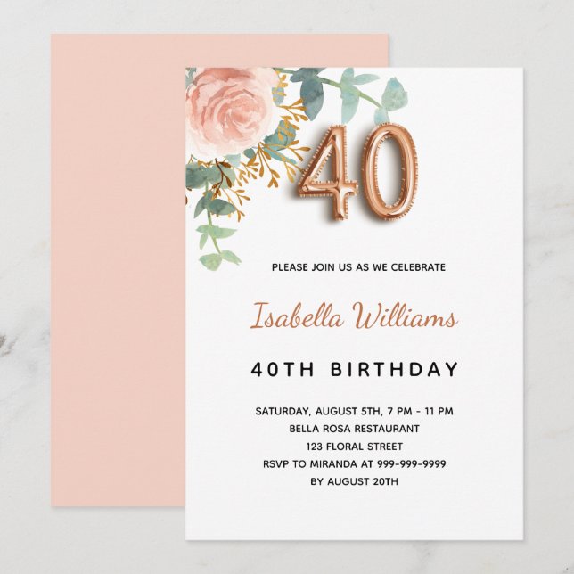 40. Geburtstag Blumenstrauß Rose Goldbarsch Eukaly Einladung (Vorne/Hinten)