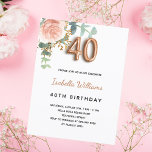 40. Geburtstag Blumenstrauß Rose Goldbarsch Eukaly Einladungspostkarte<br><div class="desc">Eine elegante Einladung für ein 40. Geburtstagsfest... Party. Ein schick weißer Hintergrund. Dekoriert mit einer Rose Gold und rot rosa Rose Blume, florale, grüne Eukalyptus Blätter, Sprigs, Grün und Imitat Goldsprigs. Personalisieren und Name und Party Details. Schwarze und goldene Buchstaben. Der Name ist mit einem modernen handgeschriebenen Stilskript geschrieben. Nummer...</div>