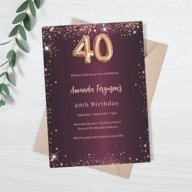 40. Geburtstag burgundische Rose Gold Einladung (Von Creator hochgeladen)