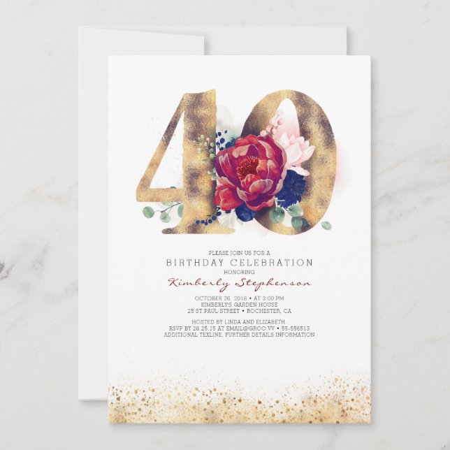 40. Geburtstag Burgundy Red and Navy Blue Einladung (Vorderseite)