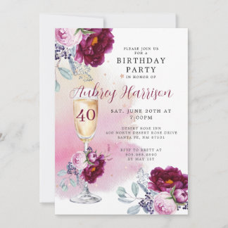 40. Geburtstag Champagner Glass Floral Geburtstag Einladung
