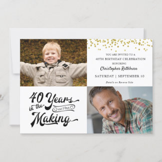 40. Geburtstag Dann & Jetzt Fotos Gold Confetti Einladung