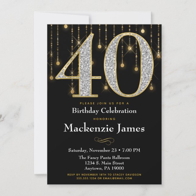 40. Geburtstag Einladung Black Gold Diamonds Adult (Vorderseite)