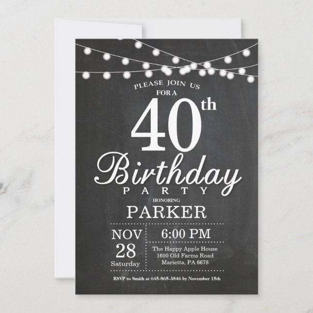 40. Geburtstag Einladung Chalkboard String Lights (Vorderseite)