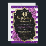 40. Geburtstag Einladung Lila Gold mit Rose<br><div class="desc">40. Geburtstag Einladung. Elegantes lila goldfarbenes Design mit Imitat Glitzer. Einladungen zur Geburtstagsfeier von Frauen. Meilenstein Erwachsenen-Geburtstag lädt ein. Enthält lila Streifen,  Rose Skript-Schriftart und Konfetti. Weibliches Blumendesign. Kann für jedes Alter angepasst werden.</div>