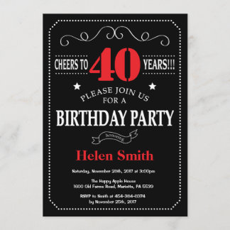 40. Geburtstag Einladung Rot und Schwarz Chalkboar