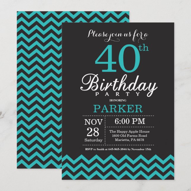 40. Geburtstag Einladung Schwarz und Aquamarin (Vorne/Hinten)