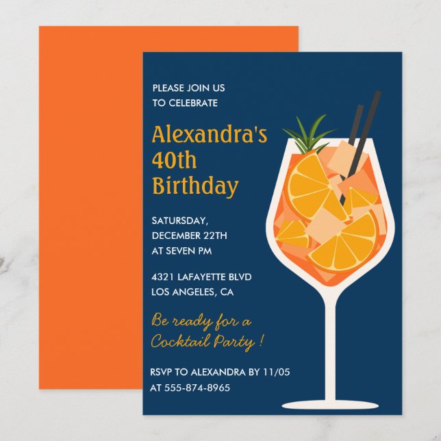 40. Geburtstag Einladungen Cocktail Elegant Marine (Vorne/Hinten)