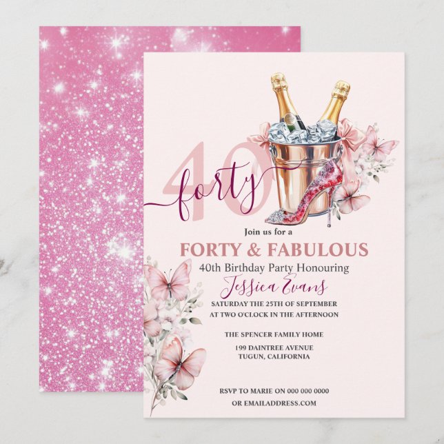 40. Geburtstag Einladungen Rose Gold Elegant Rosa (Vorne/Hinten)