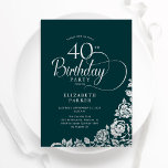 40. Geburtstag Elegant Smaragdgrün Silberne Rose Einladung<br><div class="desc">Einfache elegante 40. Geburtstagsfeier Party Einladung in smaragdgrün und silber. Klassisches Design mit Rose,  Imitaten Silberfolie und Typografie Script Schriftart. Die trendige Einladungskarte eignet sich perfekt für eine stilvolle Damenfeier. Personalisieren Sie Ihre persönlichen Daten. Kann für jedes Alter angepasst werden. Gedruckte Zazzle-Einladungen oder Sofortdownload digitaler Druckvorlage.</div>