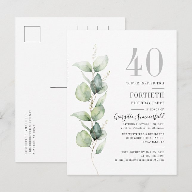 40. Geburtstag Eukalyptus Botanisches Party Einladungspostkarte (Vorne/Hinten)