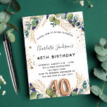 40. Geburtstag Eukalyptusgrün Glitzer elegant Einladungspostkarte<br><div class="desc">Für ein 40. Party. Weiß, mit Eukalyptusgrün und goldenen Blätter dekoriert. Golden Imitats Glitzer Spots. Personalisieren und fügen Sie Ihre Namen und Hochzeitsdetails. Schwarze und goldfarbene Buchstaben. Nummer 40 wird mit Schriftart im Ballonstil geschrieben. Zurück: weißer Hintergrund und goldene Imitate Glitzer Flecken, Postkartendesign. Tipp: Wenn Sie es nicht so gewollt...</div>