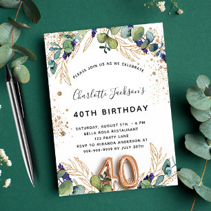 40. Geburtstag Eukalyptusgrün Glitzer elegant Einladungspostkarte