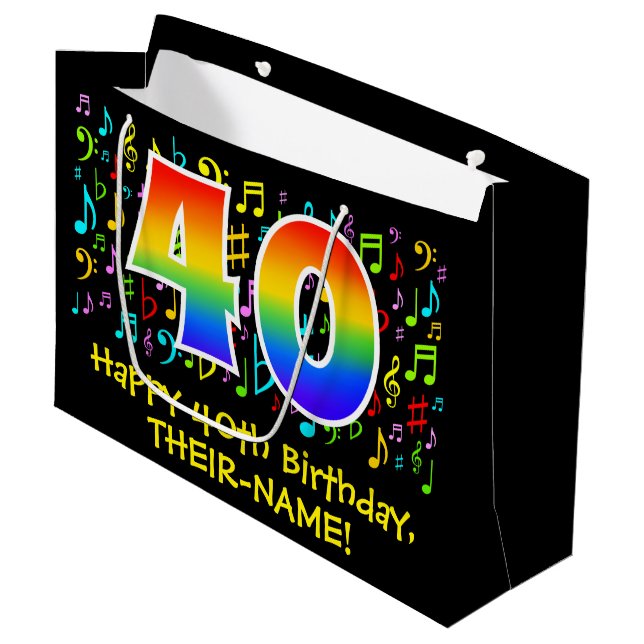 40. Geburtstag - Farbige Musiksymbole, Regenbogen  Große Geschenktüte (Vorderseite Schrägansicht)