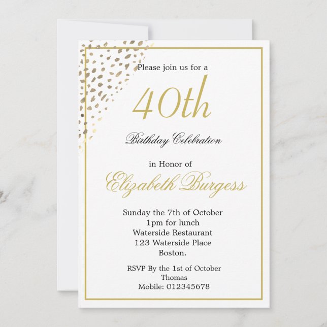 40. Geburtstag Foto Gold Elegant Einladung (Rückseite)