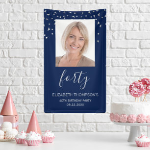 40. Geburtstag Foto Navy Blue Silver Confetti Banner