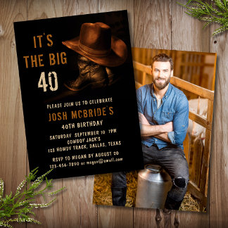 40. Geburtstag Foto Rustic Cowboy Hat Boots Einladung