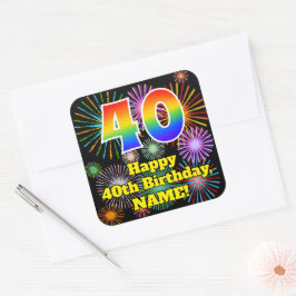 40. Geburtstag: Fun Fireworks Look, Rainbow # 40 Quadratischer Aufkleber