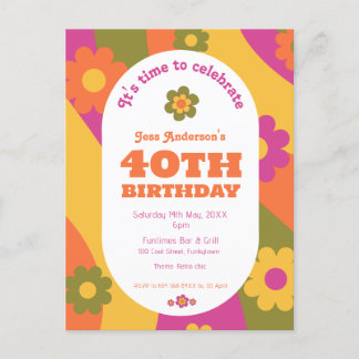 40. Geburtstag funky Blumen Einladung Postkarte