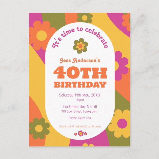 40. Geburtstag funky Blumen Einladung Postkarte (Vorderseite)