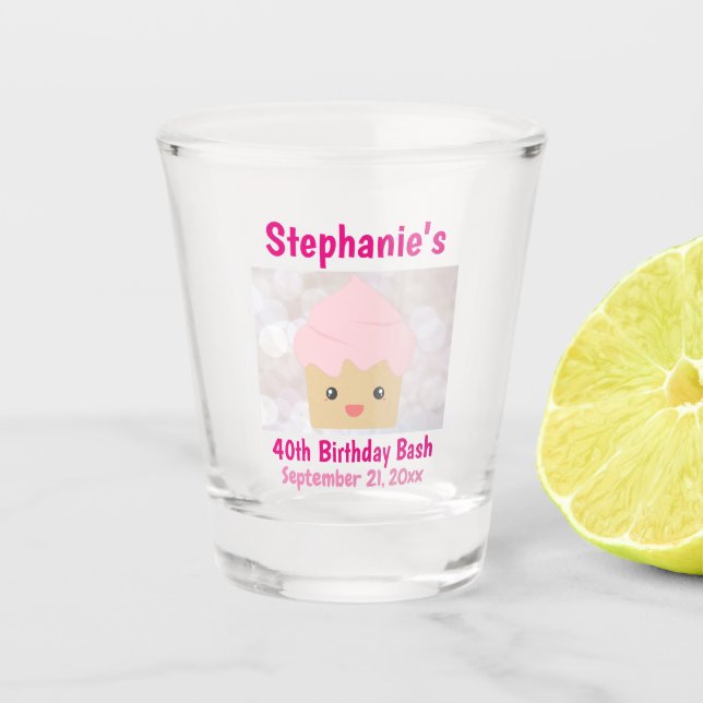40. Geburtstag Gastgeschenk Niedlich Pink Cupcake Schnapsglas (Vorderseite)