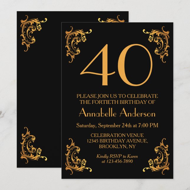 40. Geburtstag Glam Modern Gold Black Vintag Retro Einladung (Vorne/Hinten)