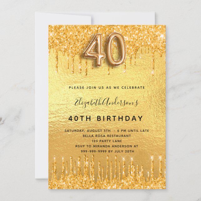 40. Geburtstag Gold Glitzer Tropfen Golden Einladung (Vorderseite)