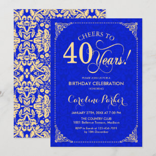 40. Geburtstag - Gold Royal Blue Damask Einladung