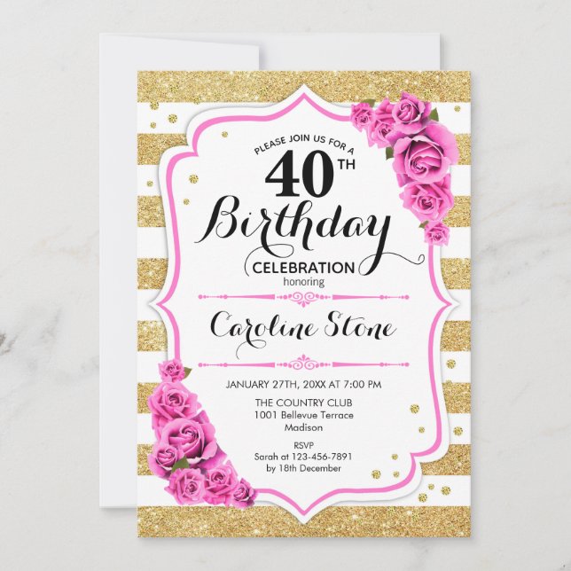 40. Geburtstag - Goldweiße Streifen Rosen Rosen Ro Einladung (Vorderseite)