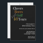 40. Geburtstag Golf Cheers Beers Party Einladung<br><div class="desc">Es handelt sich um ein cooles und einfaches 40. Geburtstagsdesign mit einem Golffrei und Biermotiv. Es ist ein modernes, minimales Design, in klassischer Schwarz-Gold-Typografie mit Pop in Orange und Grün. Ideal für ein cooles und unterhaltsames Party mit Golf- und Bierthemen. Es hat die Meldung "Cheers, Biers und Golf zu 40...</div>