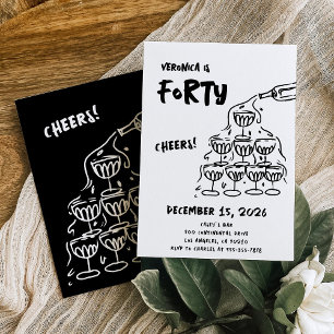 40. Geburtstag handgezogener Champagner Einladung
